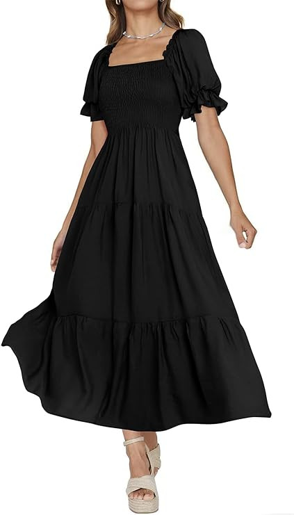 PRETTYGARDEN Womens Summer Puff Sleeve Floral Square Neck Smocked Boho Flowy A Line Long Dresses | Amazon (US)