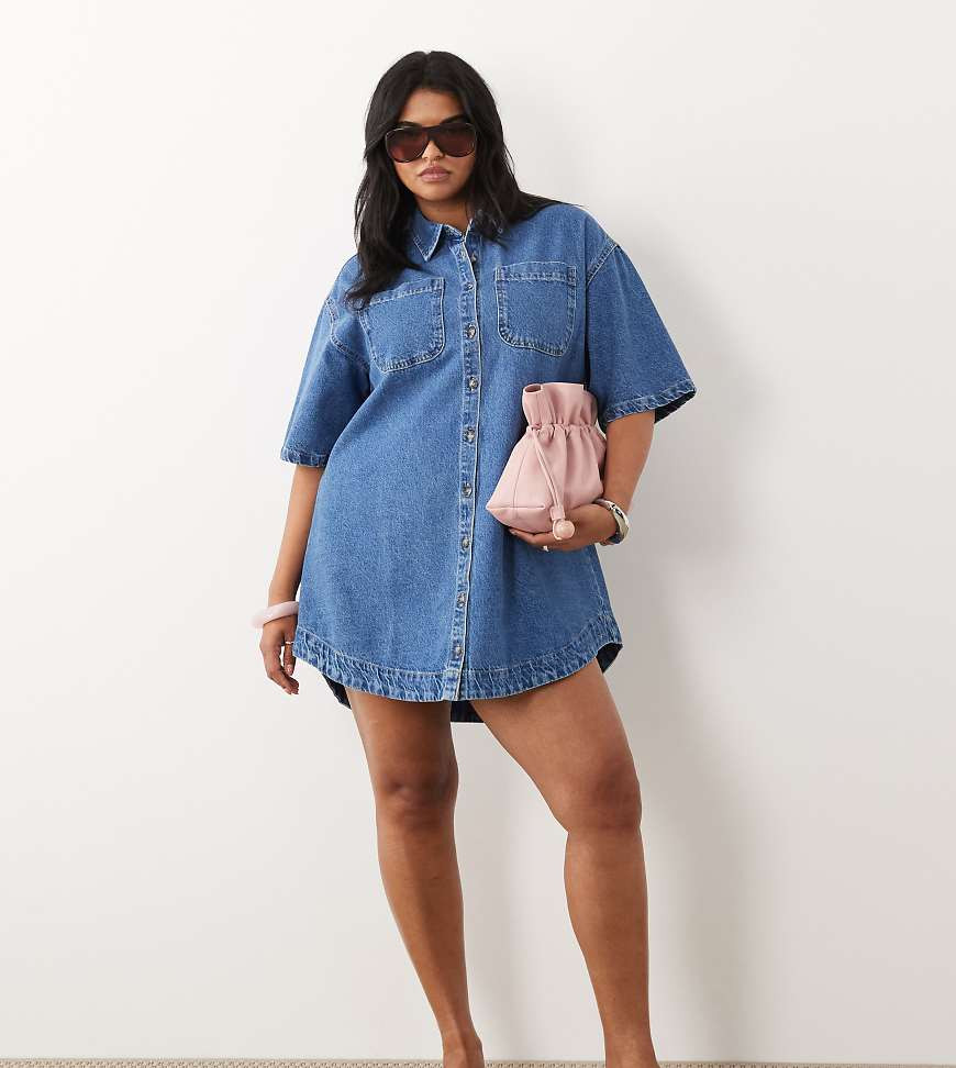 ASOS DESIGN Curve denim boxy shirt dress with pocket detail in mid blue | ASOS (Global)