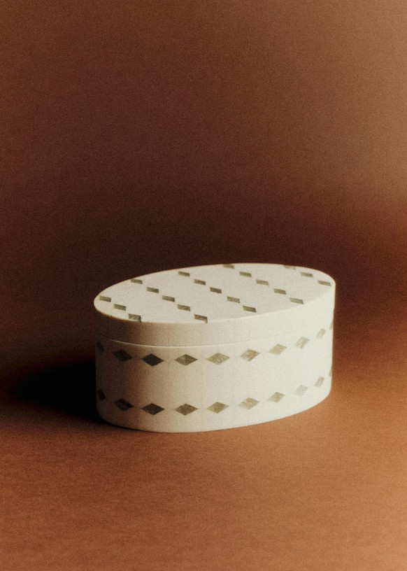 Oval Box - Ecru and Green Diamond Pattern - Wood - Sézane | Sezane Paris - US