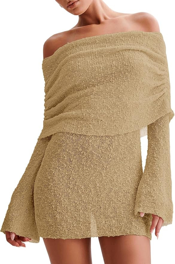 Imily Bela Womens Beach Swimsuit Cover Ups Summer Off The Shoulder Long Bell Sleeve Sheer Mini Dr... | Amazon (US)