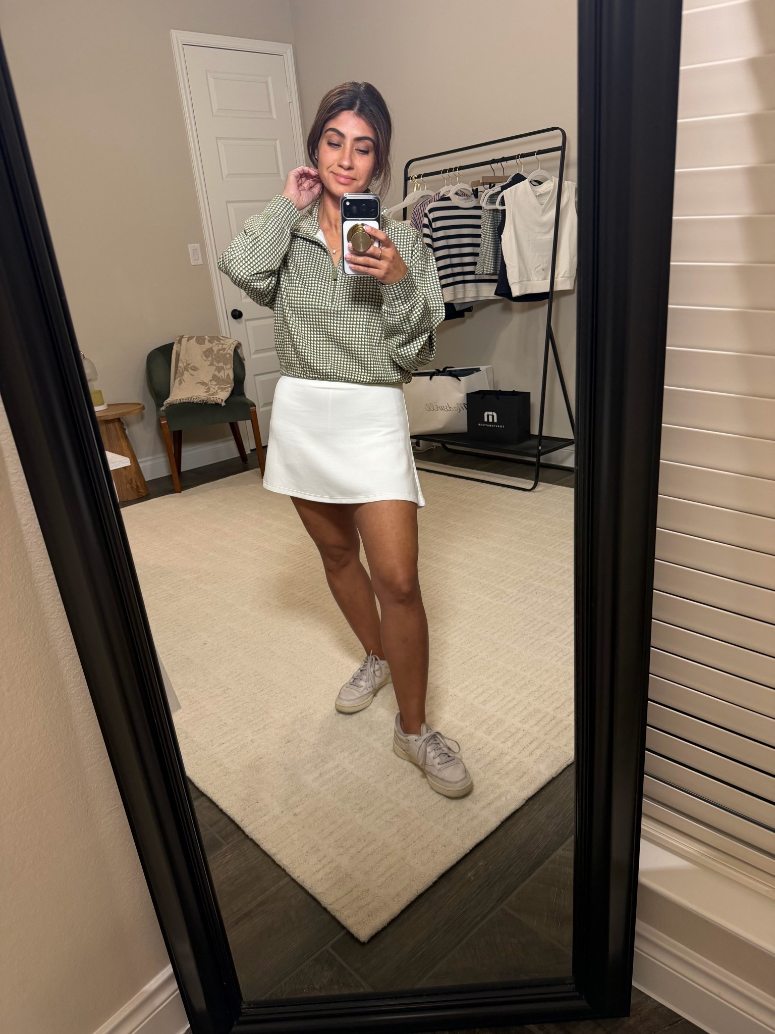 Green pullover + white skort + sneakers.
Easy, comfortable, and perfect for golf days or casual weekends.

Sized down to XS in top
Small bottom

#LTKActive