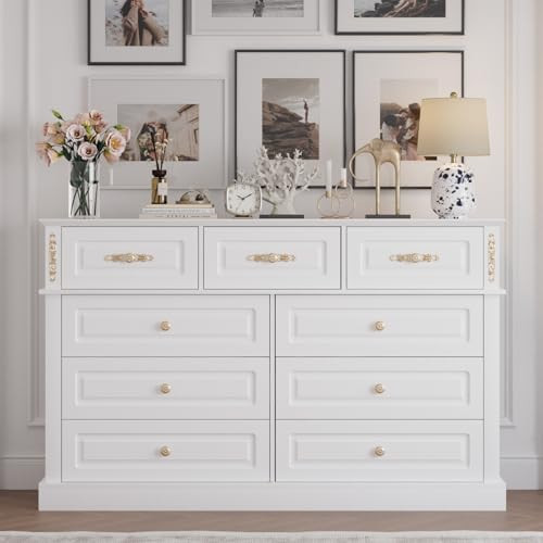 Mekminop Extra Large 9 Drawers Dresser for Bedroom, Wood Chest of Drawers with Gold Knobs, Tall Storage Dressers Organizer for Living Room, Hallway (63" W x 15.75" D x 39.4" H) (White) | Amazon (US)