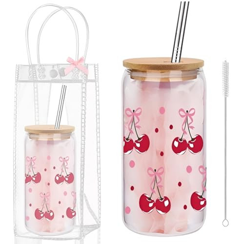 Coquette Cheeries Bows Glass Cup with Clear Gift Bag,16 oz Iced Coffee Cup with Lids and Straws, Aesthetic Glass Tumbler Smoothie Cup Beer Drinking Cup for Girls/Bestfriend/Sister/Girlfriend/Mom | Amazon (US)