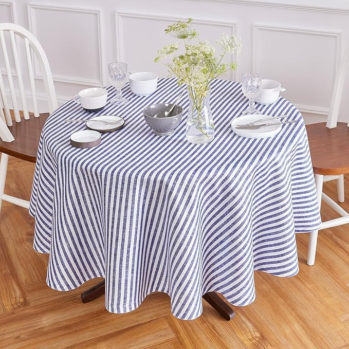 Solino Home Linen 60 Inch Round Tablecloth - Amalfi Stripe, 100% Pure Linen Navy and White Round ... | Amazon (US)