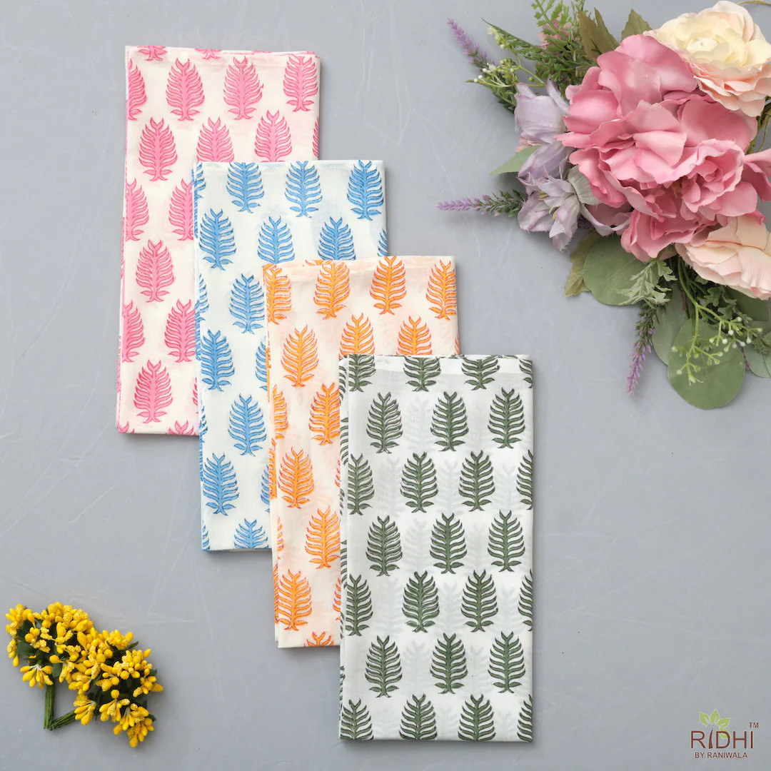 Blue, Taffy Pink, Gold Yellow, Olive Green Leaf Print India Block Print Cotton Cloth Napkins, 9x9... | Etsy (US)