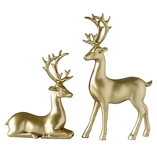 BULINGNA 2Pcs Christmas Reindeer Figurines, Resin Elk Sculpture Miniature Figurine Xmas Deer Statue Artificial Animal Crafts Home Decoration Ornament (Solid Gold) | Amazon (US)