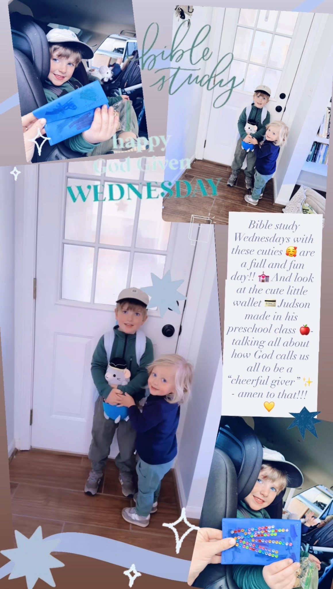 Bible study Wednesdays with these cuties 🥰 are a full and fun day!! 💒 And look at the cute little wallet 💳 Judson made in his preschool class 🍎- talking all about how God calls us all to be a “cheerful giver” ✨ - amen to that!!! 💛
