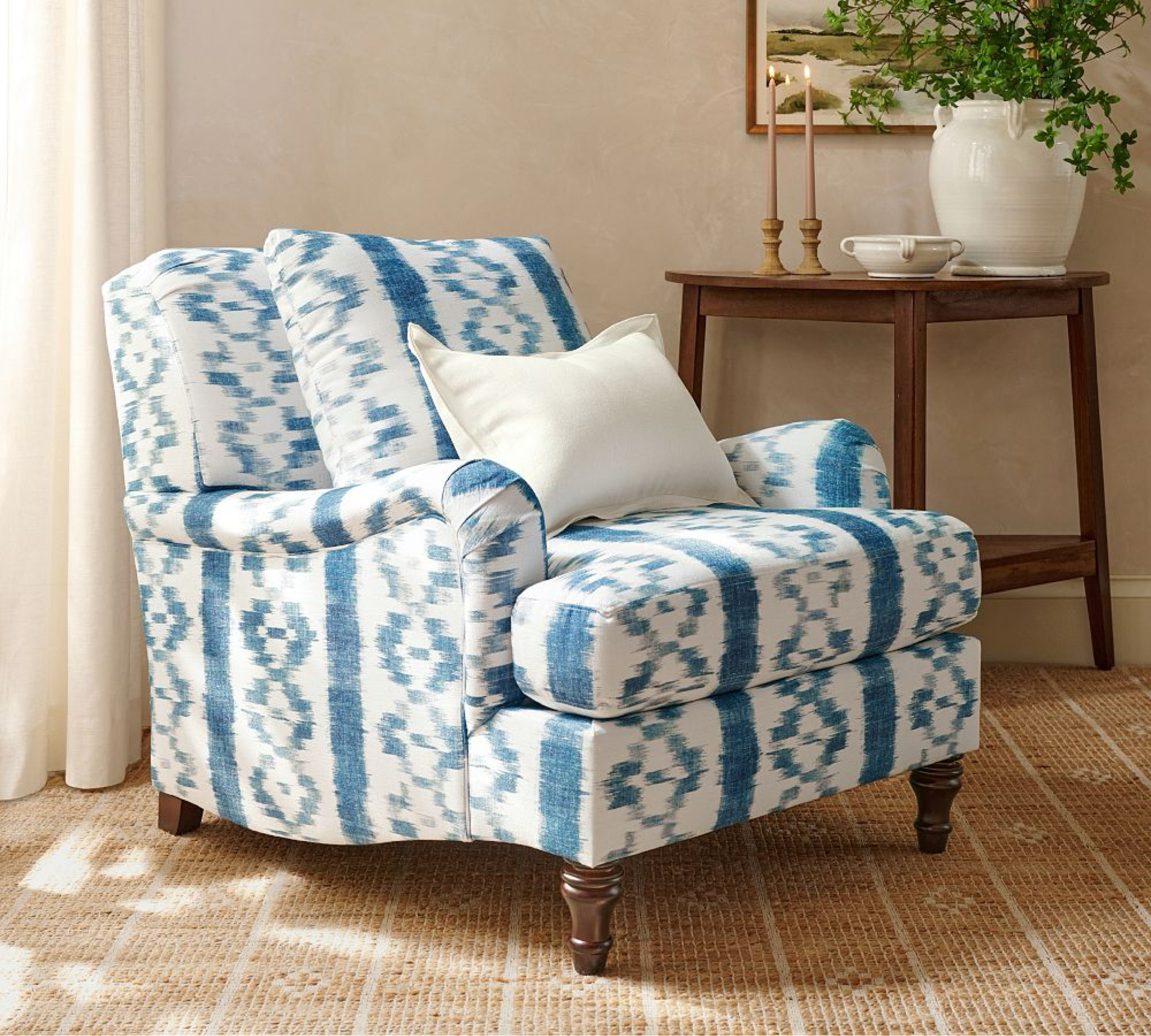 Designer look chair with ikat blue and white fabric Pottery Barn chair Grandmillennial home decor interior design ideas 

#LTKstyletip #LTKhome