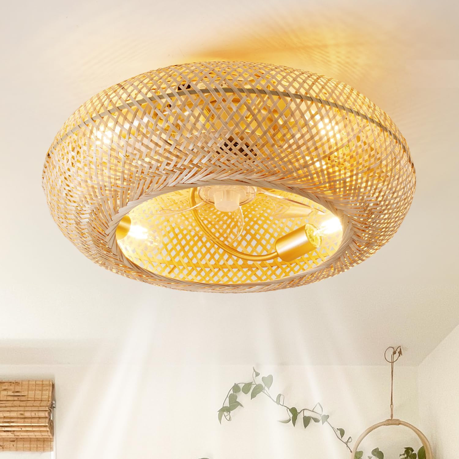 luansky 20 Inch Boho Ceiling Fan with Light, Rattan Flush Mount Ceiling Fan with Lights Caged, Re... | Amazon (US)