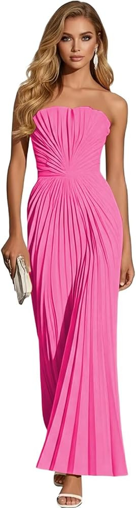 Women's Strapless Pleated Bridesmaid Dress Elegant Sweetheart Neck Formal Prom Gown for Wedding G... | Amazon (US)