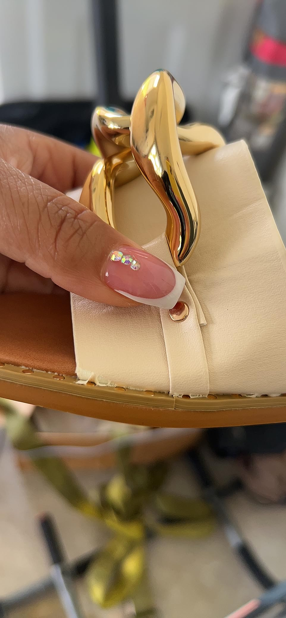 pearl&she Women's Leather Flat Slippers Metallic Link Chains Slip On Summer Indoor and Outdoor Sl... | Amazon (US)