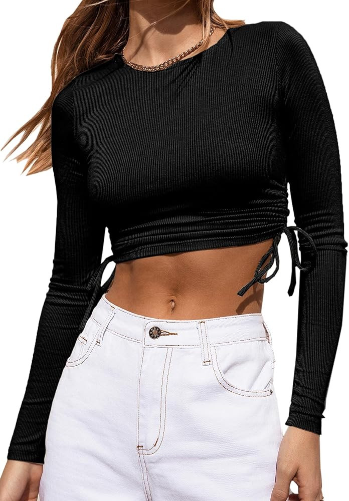 Deerose Women Crop Tops Long Sleeve Ruched Drawstring Bodycon T-Shirt | Amazon (US)
