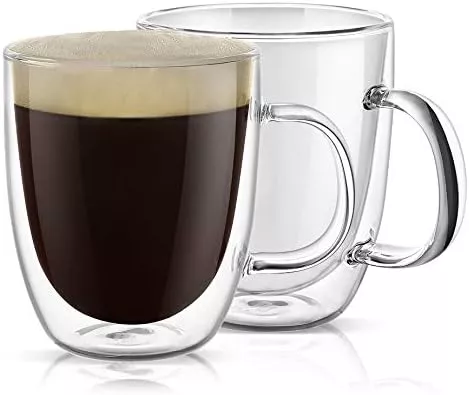 PunPun Large glass coffee Mug Set of 2, clear Mugs Double Walled