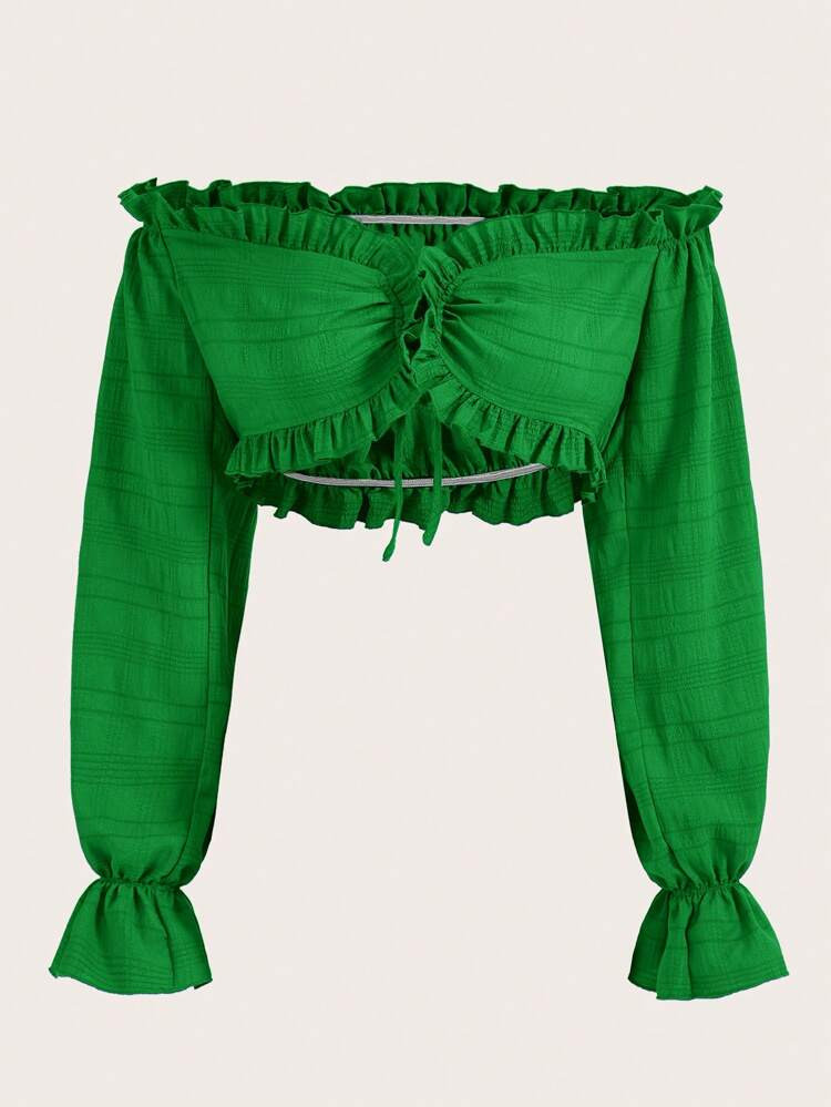 SHEIN MOD Off Shoulder Frill Trim Flounce Sleeve Crop Top
       
              
              $8... | SHEIN