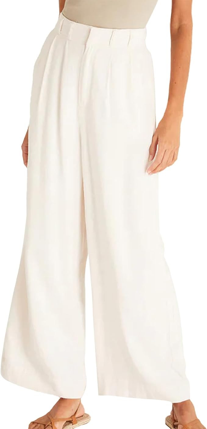 Linen Wide Leg Pants for Women Summer Casual Beach Flowy Womens Pant Trendy Pleated High Waist Tr... | Amazon (US)
