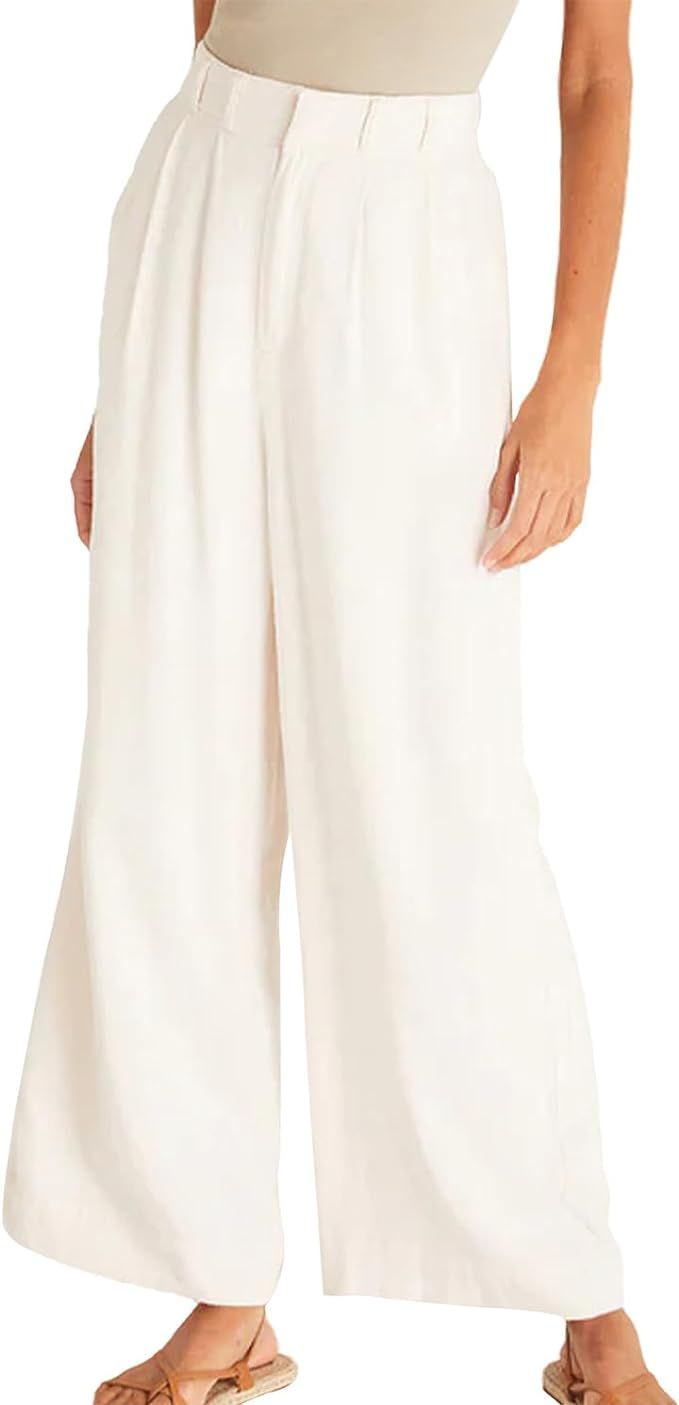 Linen Wide Leg Pants for Women Summer Casual Beach Flowy Womens Pant Trendy Pleated High Waist Tr... | Amazon (US)