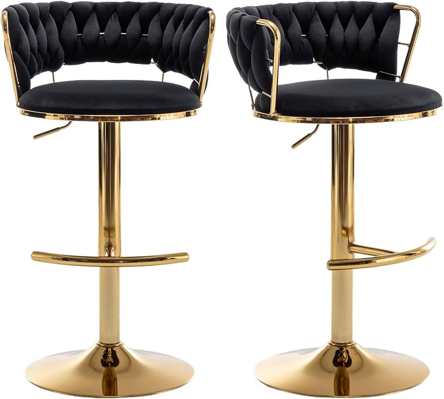 Riknuxi Velvet Bar Stools Set of 2, Counter Height Barstools with Low Back, Gold Swivel Bar Stool... | Amazon (US)