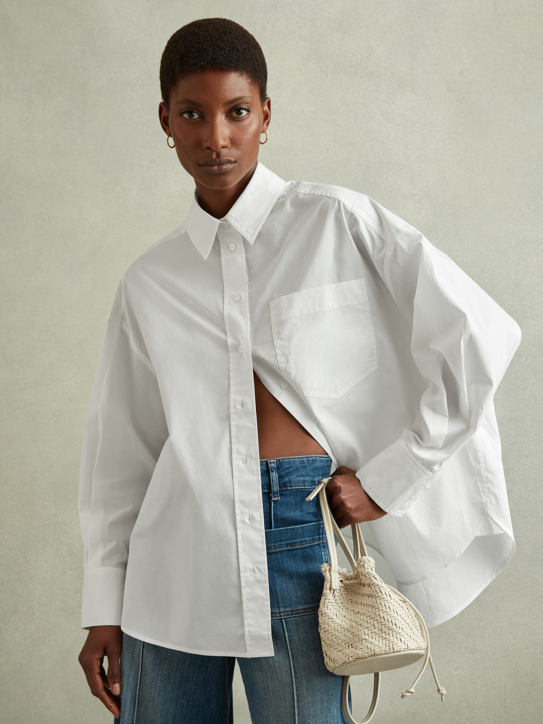 Oversized Cotton Button-Through Shirt in White | Reiss UK