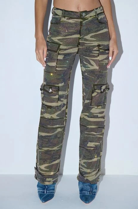 DOWN AND DIRTY CAMO WIDE LEG RHINESTONE CARGO PANT IN CAMO | AKIRA