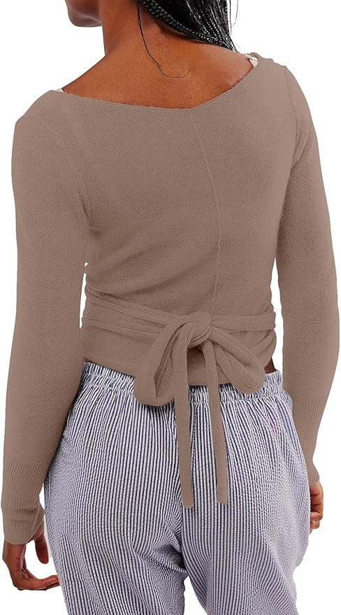 Womens Wool Tie Front Tops Crop Top Solid Long Sleeve Solid V-Neck Lightweight Crochet Cardigan C... | Amazon (US)