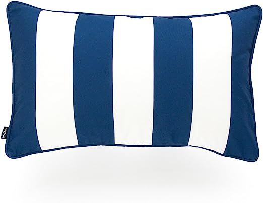 Hofdeco Decorative Lumbar Pillow Cover ONLY INDOOR OUTDOOR WATER RESISTANT Canvas Navy Blue Strip... | Amazon (US)