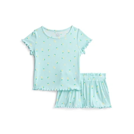 Wonder Nation Girls Ribbed Short Sleeve Top and Shorts Pajama Set, 2-Piece, Sizes 4-18 | Walmart (US)