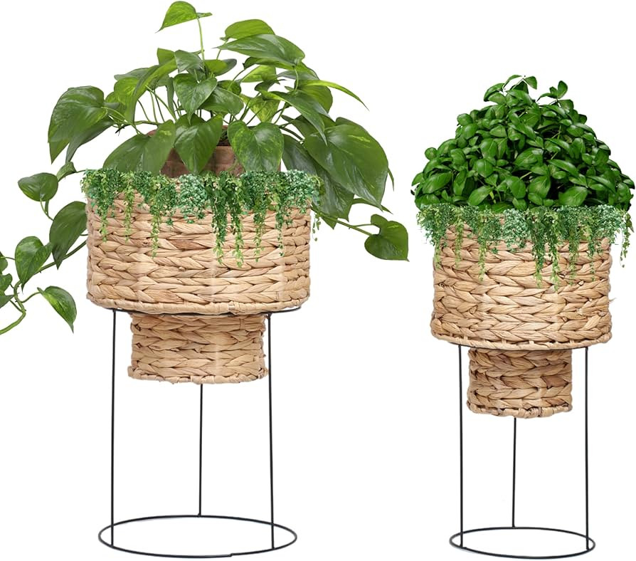 Hallops Indoor Hand-Woven Planter with Stand - Metal and Rattan Plant Pots with Standing Legs for... | Amazon (US)