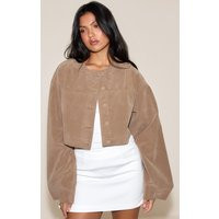 Beige Cropped Ruched Sleeve Detail Suede Jacket | PrettyLittleThing US