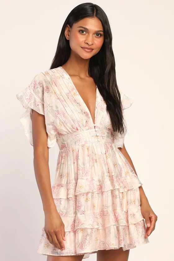 Easily in Love Blush Pink Floral Print Ruffled Tiered Mini Dress | Lulus (US)