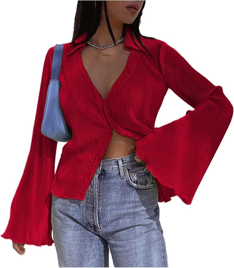 LYANER Women's Deep V Neck Button Front Bell Long Sleeve Blouse Shirt Top | Amazon (US)