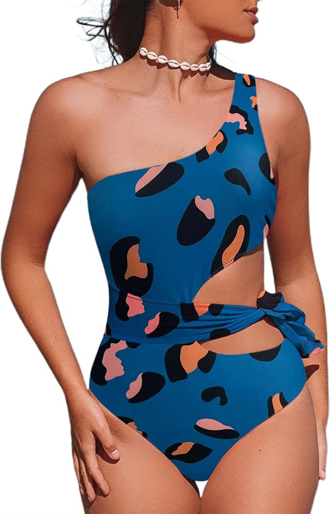 Hilinker Women's One Shoulder Knot Cut Out Color Block Ribbed One Piece Swimsuit | Amazon (US)