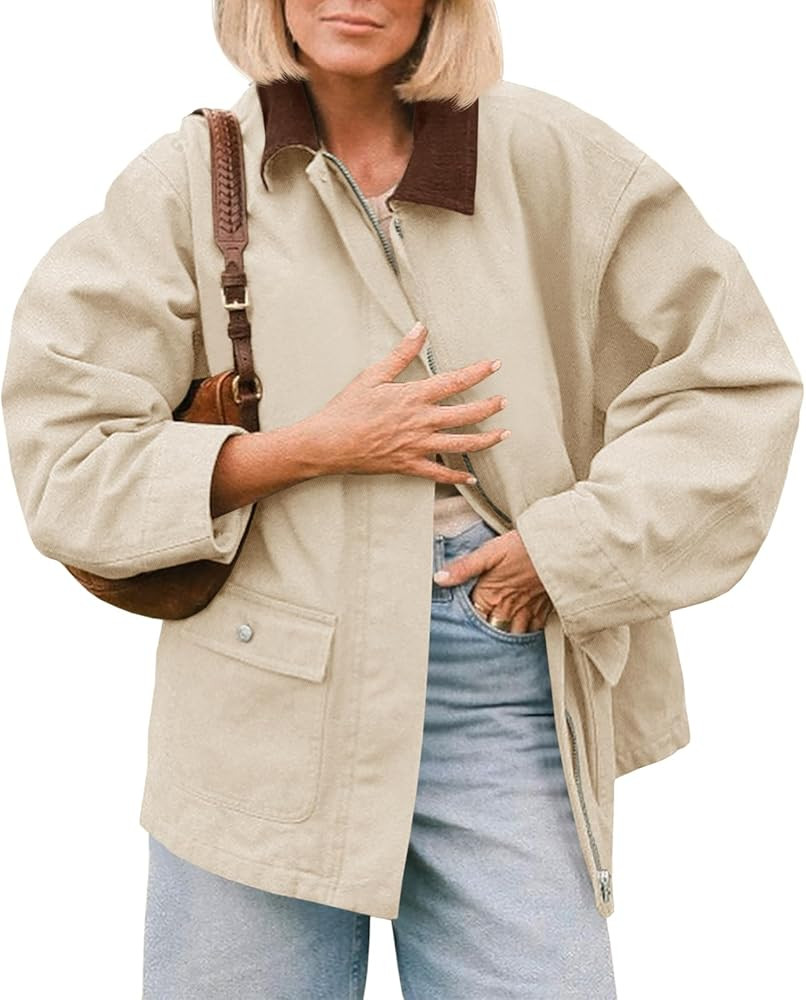 Tankaneo Womens Oversized Barn Jacket Zip Up Military Safari Jackets Fall Color Block Vintage Tre... | Amazon (US)