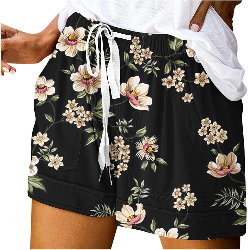 Shorts for Women Trendy 2024 Casual Summer Drawstring Shorts with Pockets Beach Loose Elastic Wai... | Amazon (US)
