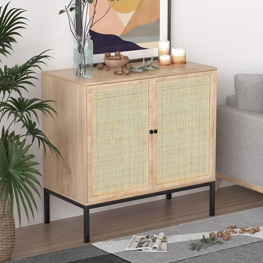 XIAO WEI Sideboard with Handmade Natural Rattan Doors, Rattan Cabinet Console Table Storage Cabin... | Amazon (US)