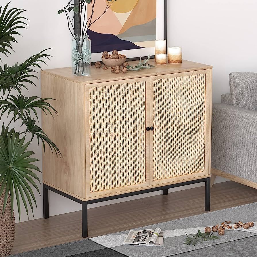 XIAO WEI Sideboard with Handmade Natural Rattan Doors, Rattan Cabinet Console Table Storage Cabinet  | Amazon (US)