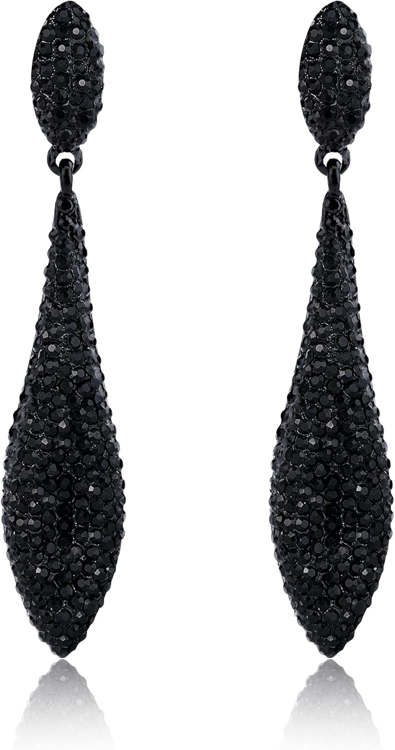 Bcrown Austrian Crystal Double Teardrop Pierced Drop Earrings for Women | Sparkling Black Long Da... | Amazon (US)