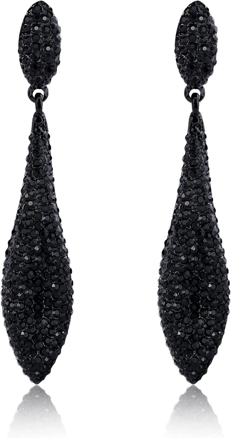 Bcrown Austrian Crystal Double Teardrop Pierced Drop Earrings for Women | Sparkling Black Long Da... | Amazon (US)