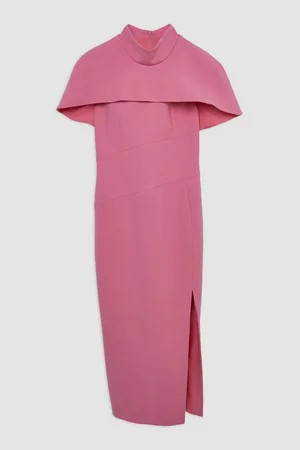 Compact Stretch Caped Cap Sleeved Neck Tie Tailored Midi Dress | Karen Millen UK + IE + DE + NL