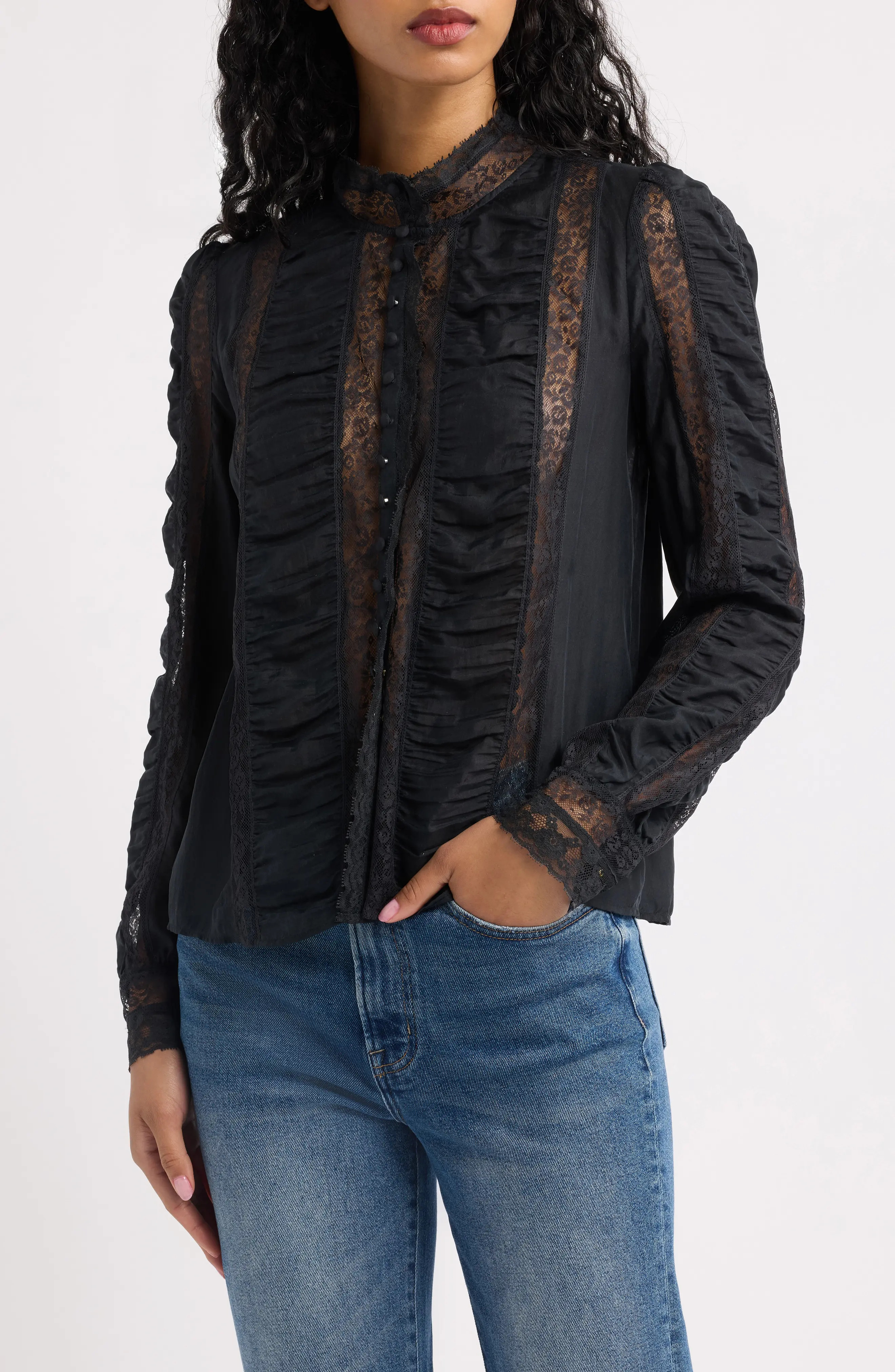 LoveShackFancy Jacque Lace Silk Paneled Button-Up Shirt (Women) | Nordstrom | Nordstrom