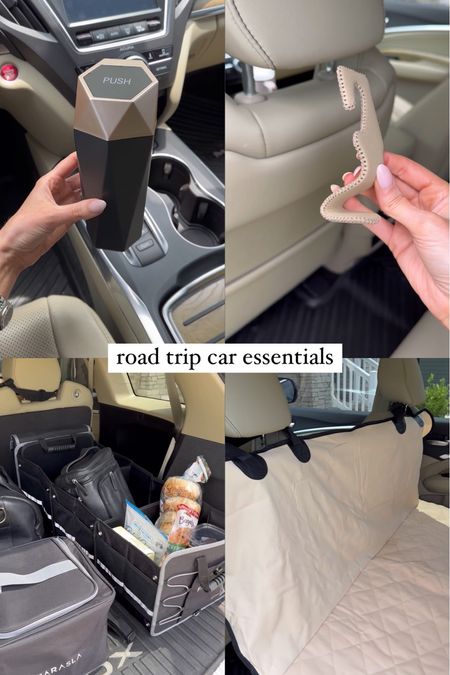 Amazon car essentials for road trip! Mini trash cans, cup holder coasters, back seat cover for pets, leather hooks, trunk organizer 