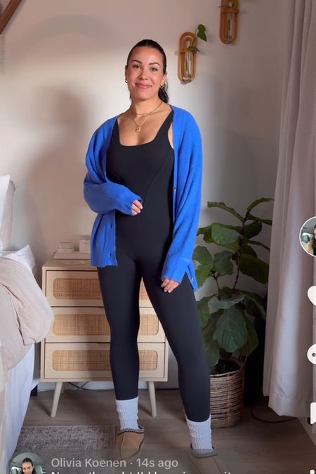 All tts . Jumpsuit - medium , sweater : medium (sold out years ago but linking a similar length Amazon one 💙 this jumpsuit is SO comfortable and buttery soft align fabric 