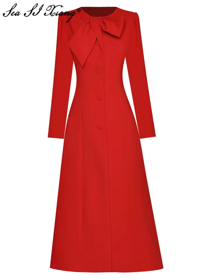 Seasixiang Fashion Designer Autumn Winter Coat Women Bow O-Neck Long Sleeve Single Breasted Vinta... | AliExpress (US)