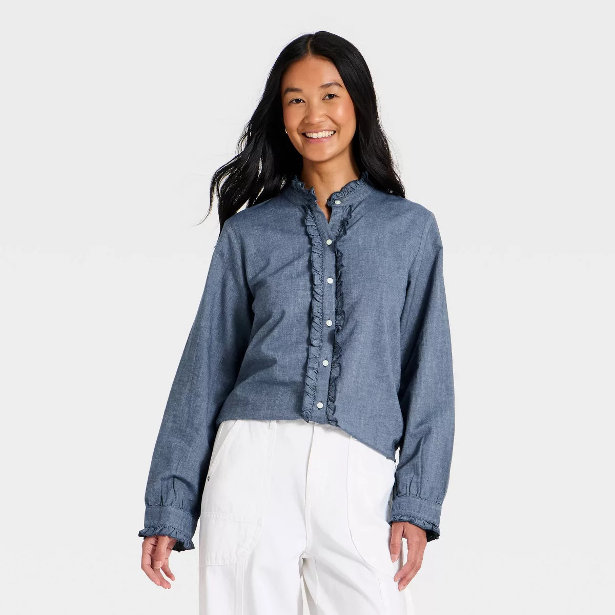 Women's Ruffle Long Sleeve Button-Up Ruff Collared Neck Blouse - Universal Thread™ Chambray M | Target