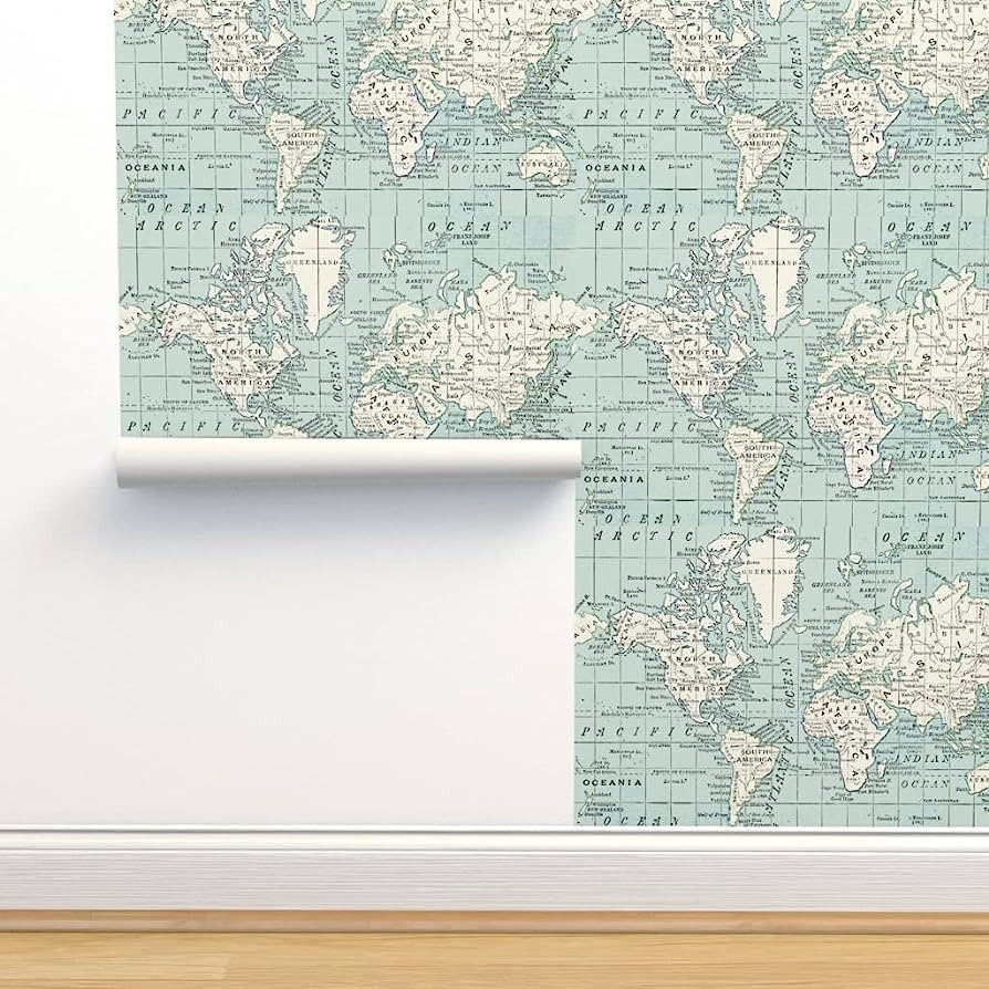 Spoonflower Peel & Stick Wallpaper 3ft x 2ft - Soft Blue Cream World Map Vintage Gray White Cheat... | Amazon (US)