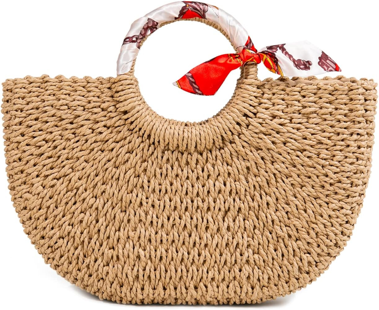 Poonyfesh Women Summer Beach bag Handmade Straw Tote Bag Womens Handbag | Amazon (US)