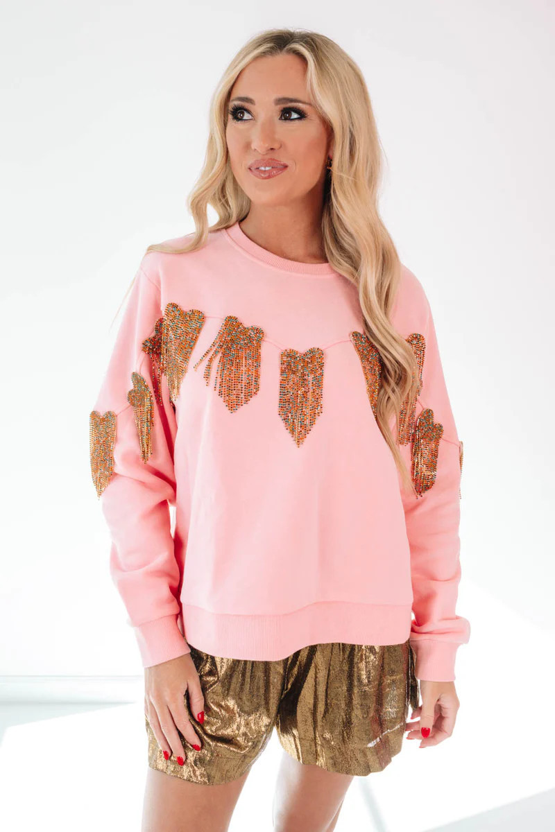 Queen Of Sparkles Fringe Heart Sweatshirt - Pink | The Impeccable Pig