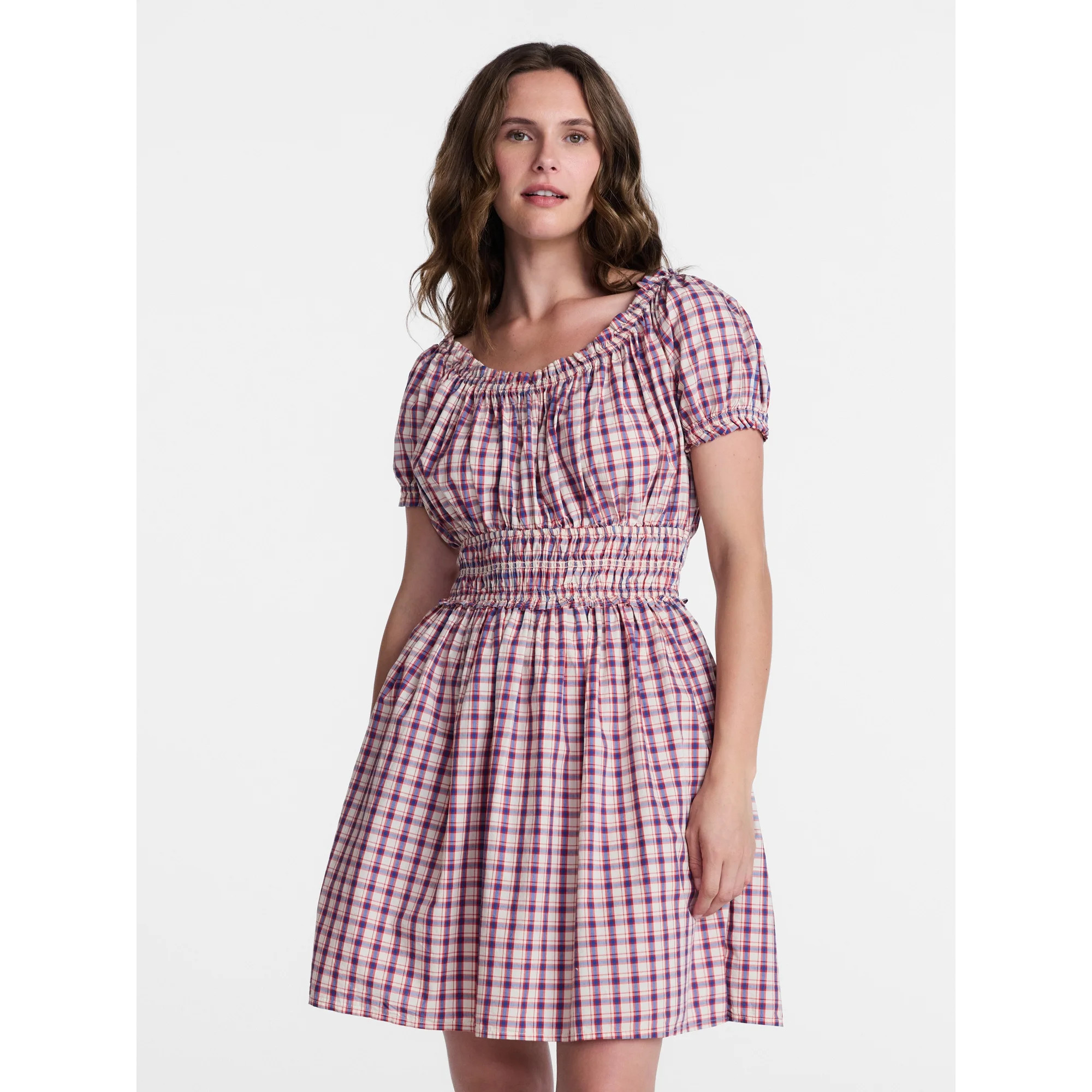 Time and Tru Women's and Women's Plus Cotton Peasant Mini Dress With Puff Sleeves, Sizes XS-4X | Walmart (US)
