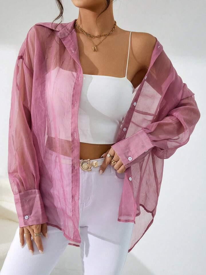 SHEIN Essnce Ombro Caído Botão Frontal Malha Transparente Camiseta Sem Cami Top | SHEIN