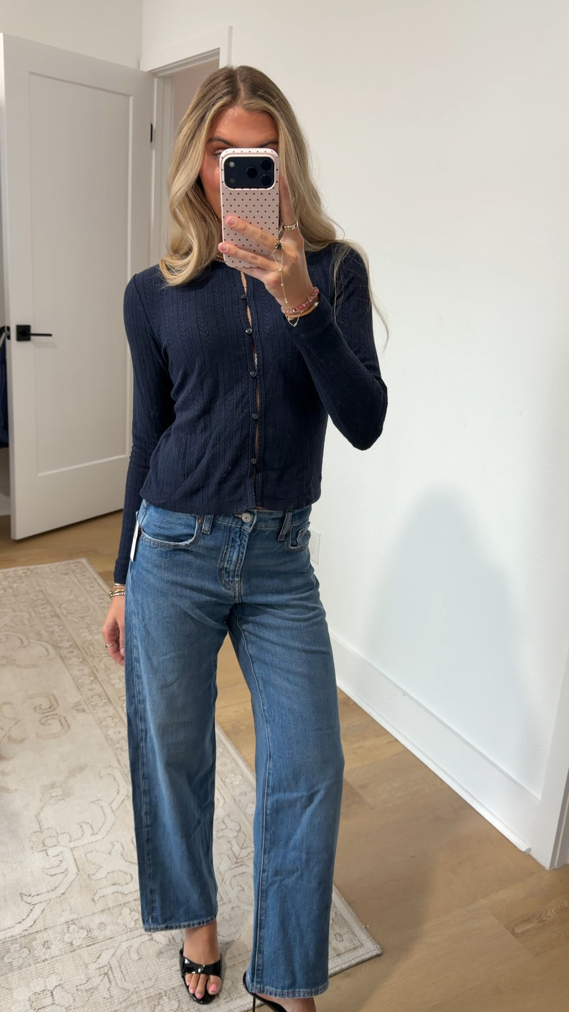 Old navy size XS Long-Sleeve Button-Front Cutout Pointelle Top and the old navy size 00 Low-Rise Loose Jeans