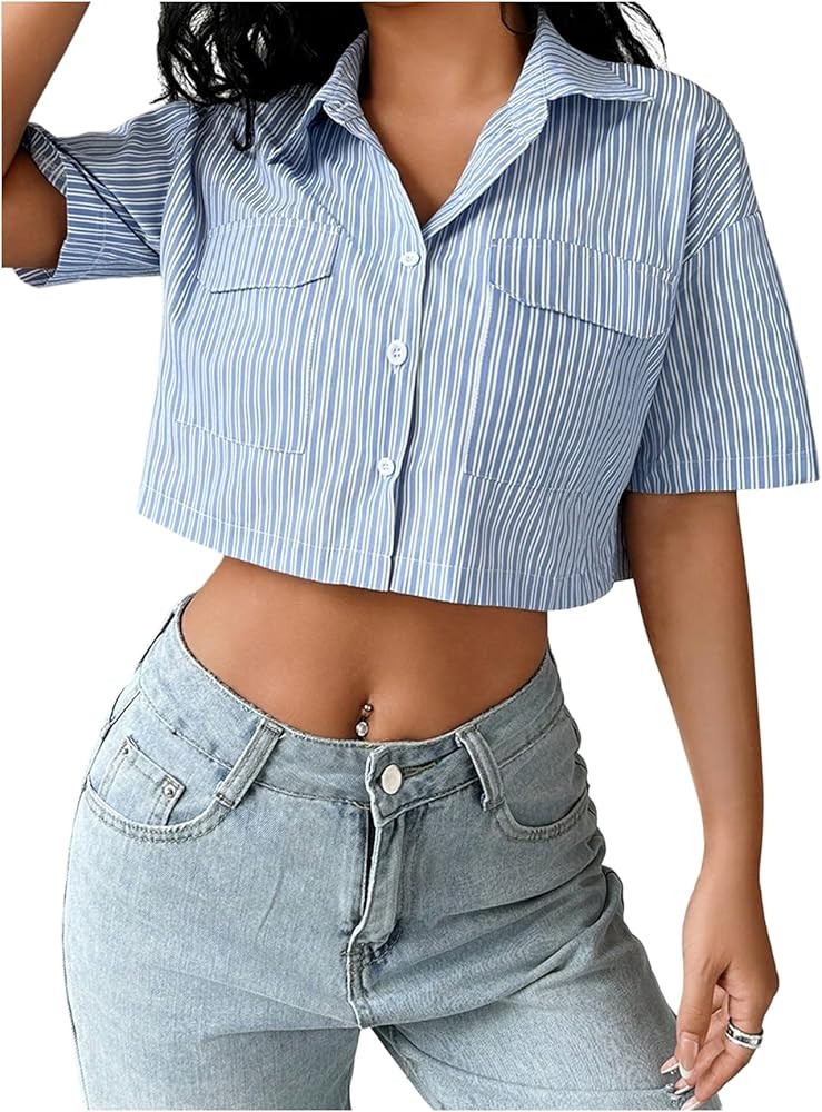 OYOANGLE Women's Striped Button Up Shirt Flap Pocket Cropped Top Short Sleeve Collared Blouse | Amazon (US)
